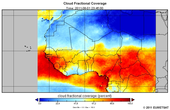Monthly Mean Diurnal Cycle of the Cloud Fractional Coverage for August at 23:45 UTC over West and Central Africa